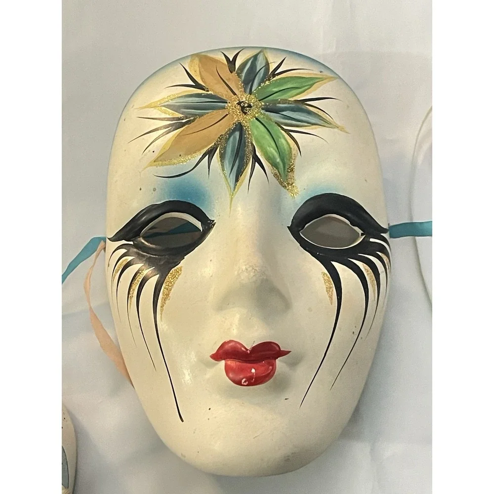 Vintage Ceramic Masquerade Wall Masks Set of‎ 3 | Venetian Style | Gold BinA